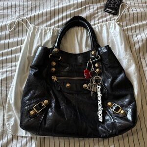 Balenciaga Black Leather Tote with Gold Accents